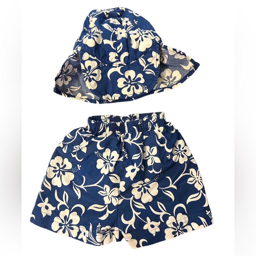 One Step Ahead sun hat (s/m) and swim trunks (m), hawaiian print